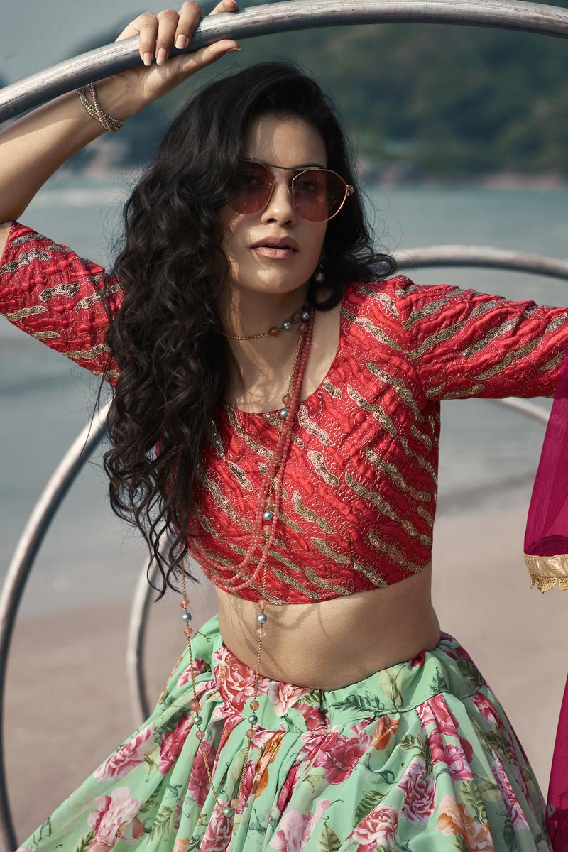 Sea Green Color Wedding Wear Fancy Organza Fabric Printed Lehenga Choli Clothsvilla