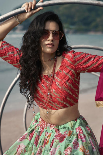 Sea Green Color Wedding Wear Fancy Organza Fabric Printed Lehenga Choli Clothsvilla