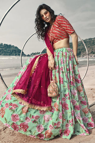 Sea Green Color Wedding Wear Fancy Organza Fabric Printed Lehenga Choli Clothsvilla