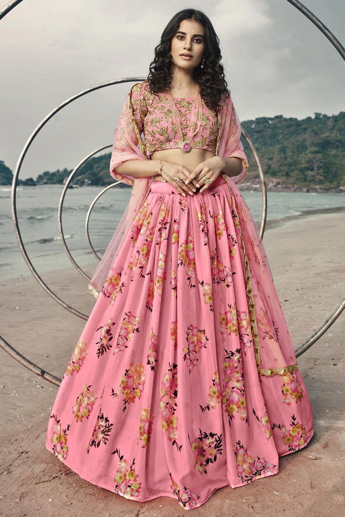 Reception Wear Fancy Organza Fabric Printed Pink Color Lehenga Choli Clothsvilla