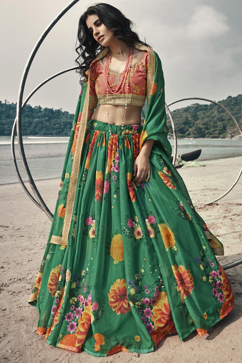 Fancy Organza Fabric Sangeet Wear Printed Green Color Lehenga Choli Clothsvilla Main image