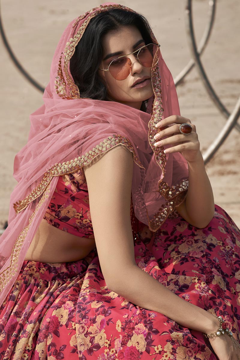 Fancy Organza Fabric Sangeet Wear Red Color Printed Lehenga Choli Clothsvilla