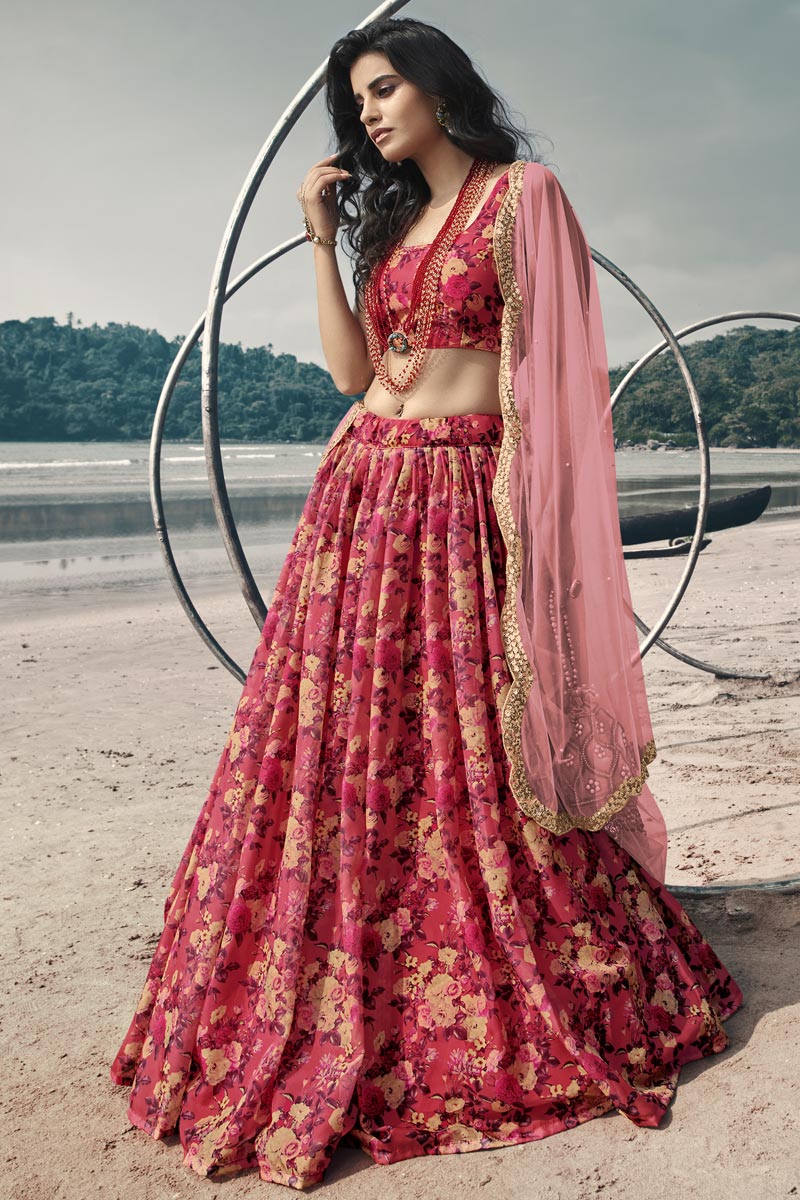 Fancy Organza Fabric Sangeet Wear Red Color Printed Lehenga Choli Clothsvilla