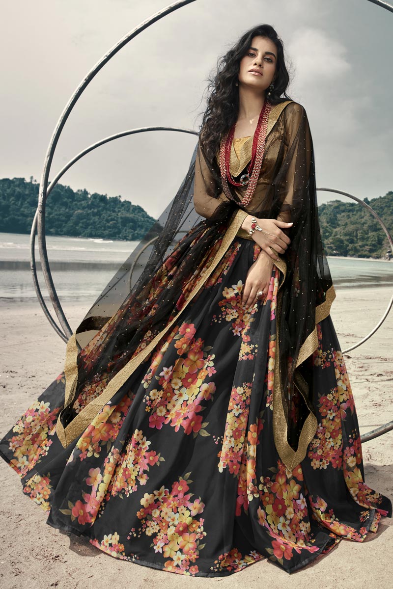 Organza Fabric Wedding Wear Fancy Black Color Printed Lehenga Choli Clothsvilla