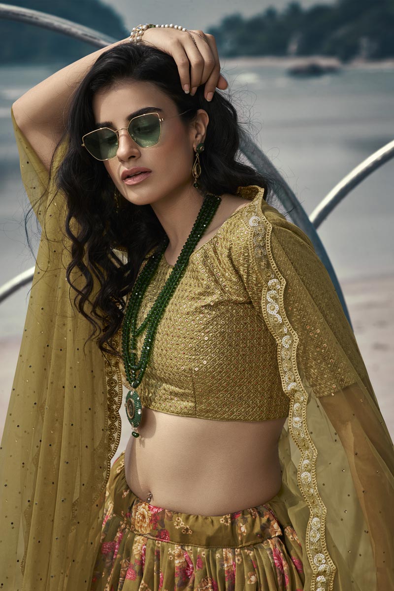 Reception Wear Fancy Khaki Color Printed Organza Fabric Lehenga Choli Secondary image