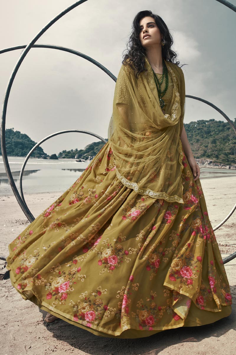 Reception Wear Fancy Khaki Color Printed Organza Fabric Lehenga Choli Clothsvilla