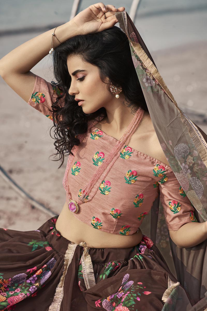 Brown Color Sangeet Wear Printed Organza Fabric Lehenga Choli Clothsvilla