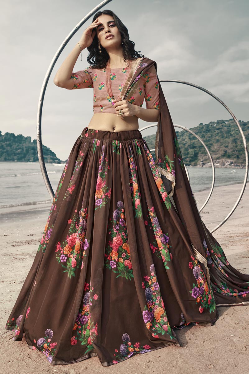 Brown Color Sangeet Wear Printed Organza Fabric Lehenga Choli Clothsvilla Main image