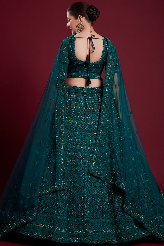 Royal Teal Georgette Lehenga With Intricate Embroidered And Zarkan Work Clothsvilla