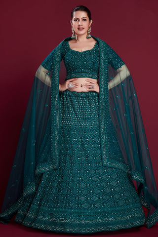 Royal Teal Georgette Lehenga With Intricate Embroidered And Zarkan Work Clothsvilla