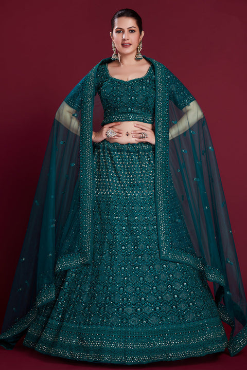 Royal Teal Georgette Lehenga With Intricate Embroidered And Zarkan Work Clothsvilla Main image