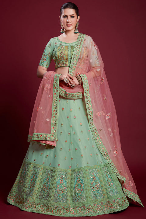 Elegant Sea Green Georgette Lehenga With Thread Work and Zarkan Work Clothsvilla Main image