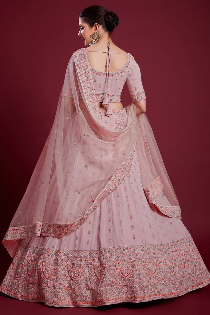 Vibrant Peach Color Georgette Lehenga With Embroidered and Zarkan Work Clothsvilla