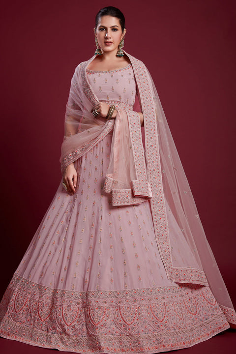 Vibrant Peach Color Georgette Lehenga With Embroidered and Zarkan Work Clothsvilla Main image