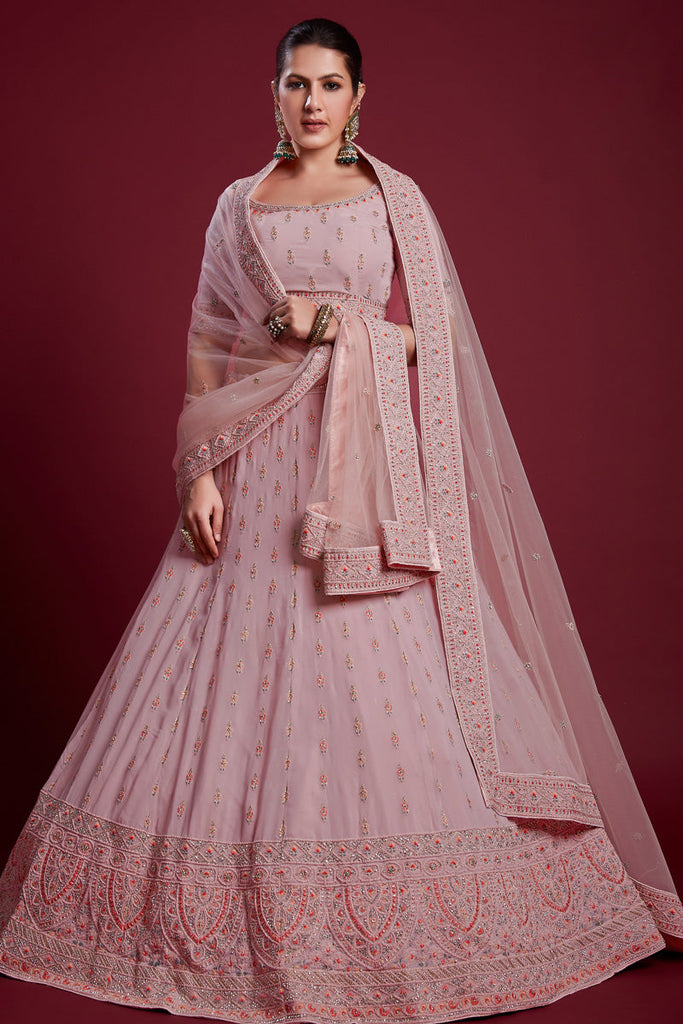 Vibrant Peach Color Georgette Lehenga With Embroidered and Zarkan Work Clothsvilla