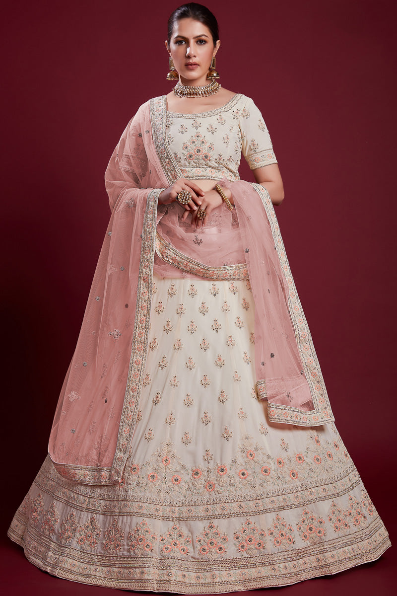 Enchanting White Georgette Lehenga With Intricate Embroidered and Thread Work Clothsvilla Main image