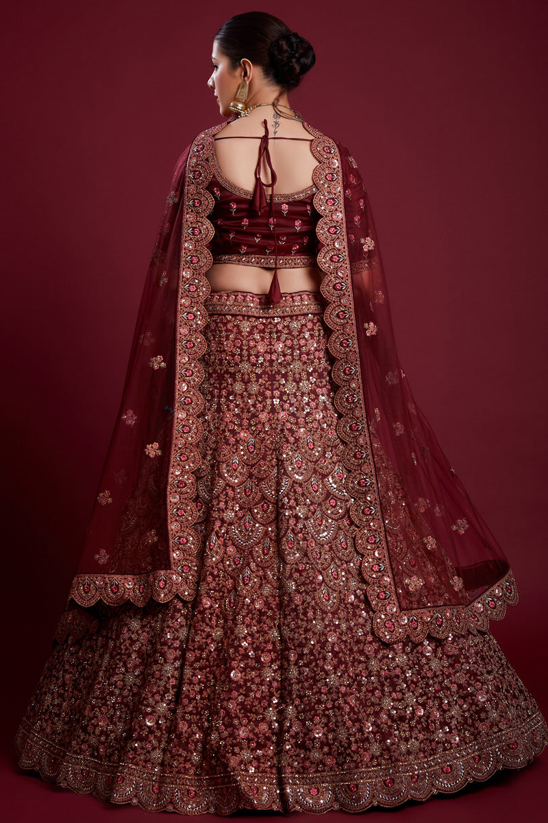 Stunning Burgundy Color Net Lehenga With Thread Work and Zarkan Work Clothsvilla