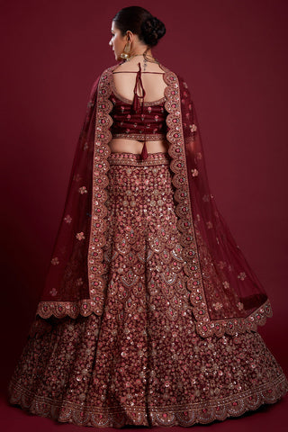 Stunning Burgundy Color Net Lehenga With Thread Work and Zarkan Work Clothsvilla