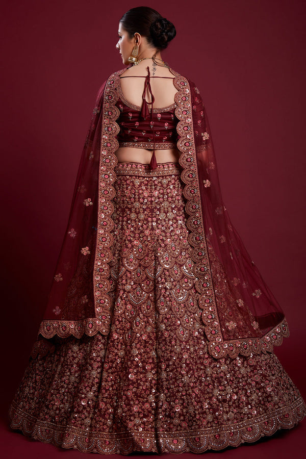 Stunning Burgundy Color Net Lehenga With Thread Work and Zarkan Work Clothsvilla