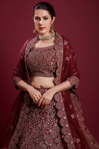 Stunning Burgundy Color Net Lehenga With Thread Work and Zarkan Work Clothsvilla