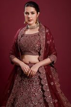 Load image into Gallery viewer, Stunning Burgundy Color Net Lehenga With Thread Work and Zarkan Work Clothsvilla