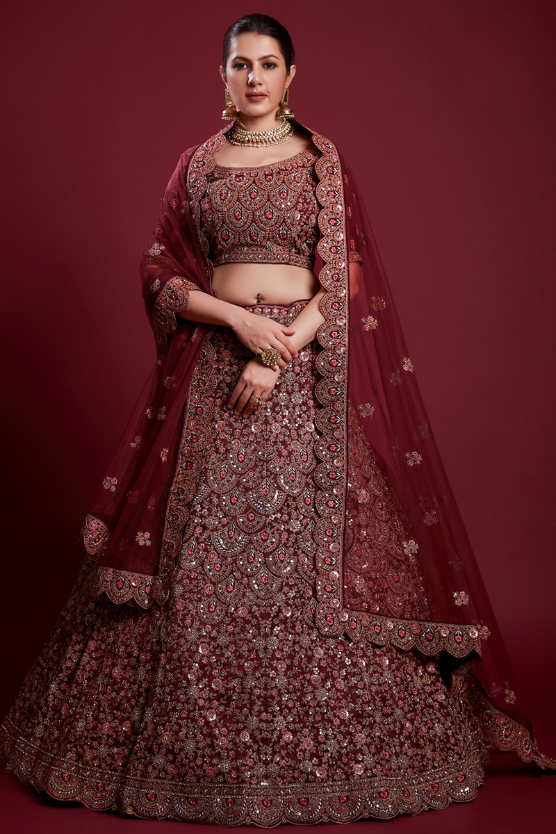 Stunning Burgundy Color Net Lehenga With Thread Work and Zarkan Work Clothsvilla