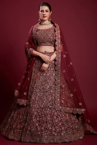 Stunning Burgundy Color Net Lehenga With Thread Work and Zarkan Work Clothsvilla