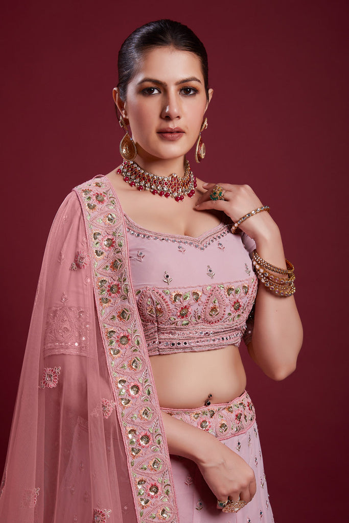 Majestic Pink Georgette Lehenga With Intricate Embroidered and Zarkan Work Clothsvilla