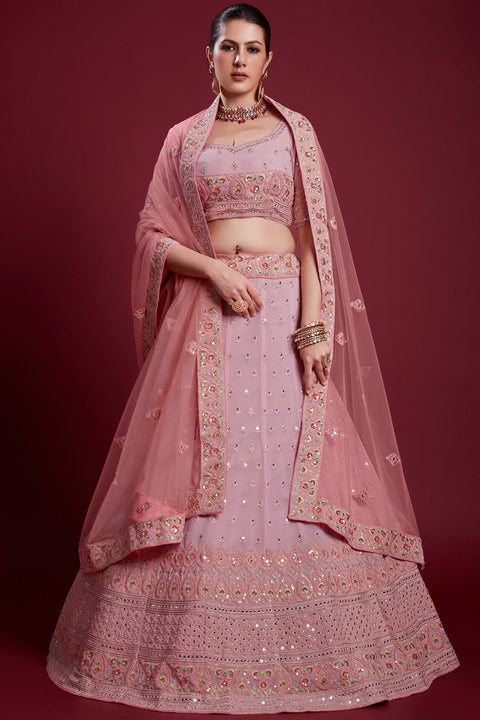 Majestic Pink Georgette Lehenga With Intricate Embroidered and Zarkan Work Clothsvilla Main image