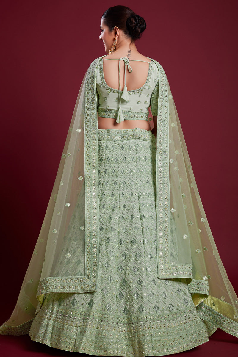 Glamorous Sea Green Georgette Lehenga With Zarkan Work and Thread Work Clothsvilla