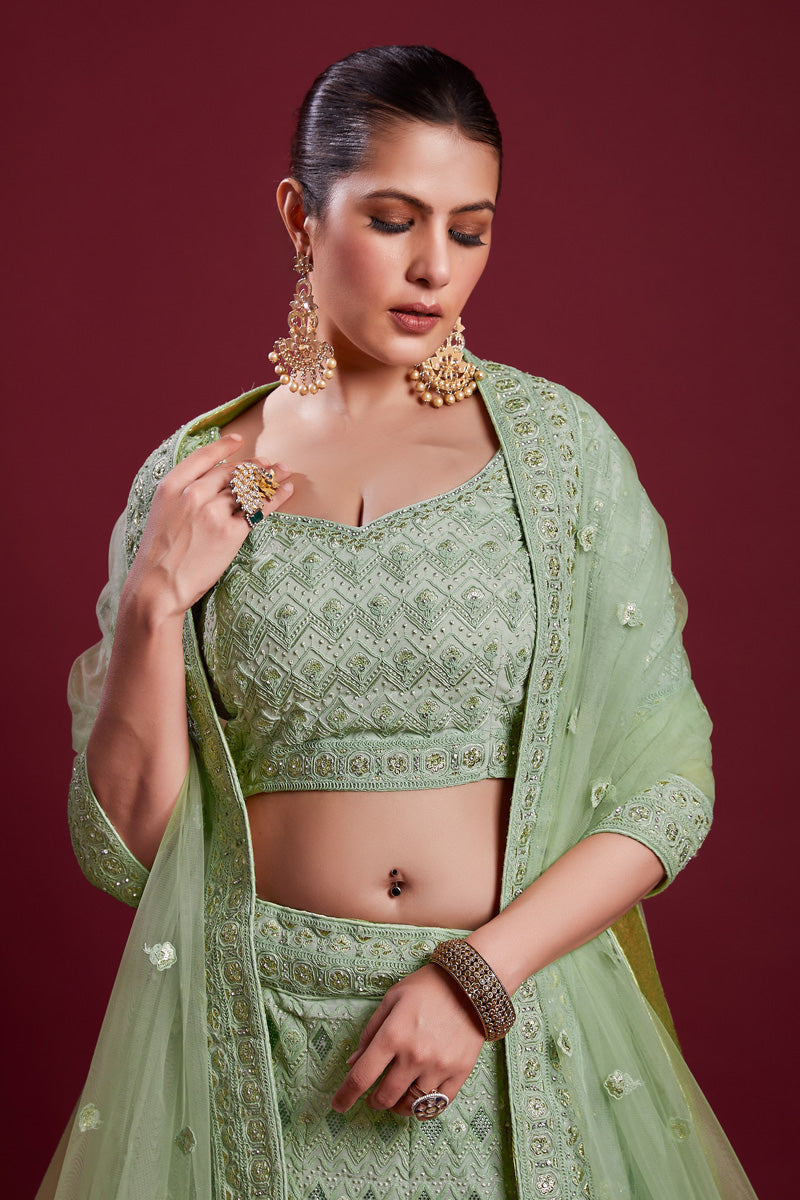 Glamorous Sea Green Georgette Lehenga With Zarkan Work and Thread Work Clothsvilla