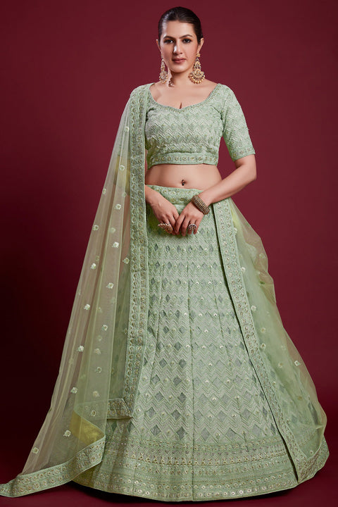 Glamorous Sea Green Georgette Lehenga With Zarkan Work and Thread Work Clothsvilla Main image