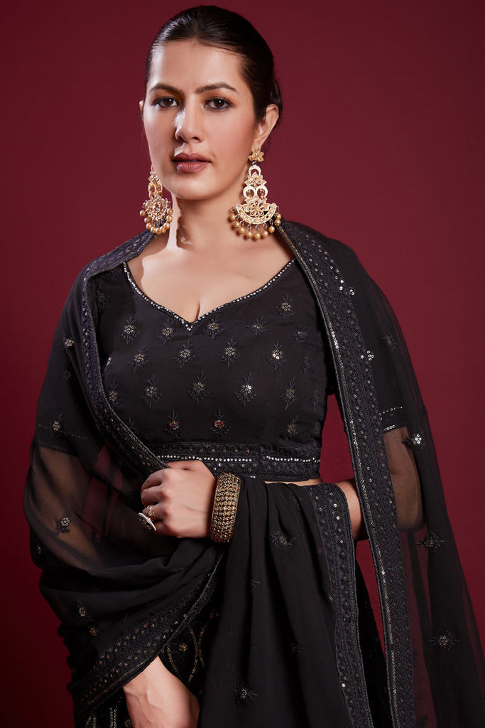 Regal Black Georgette Lehenga With Intricate Embroidered  and Zarkan Work Clothsvilla