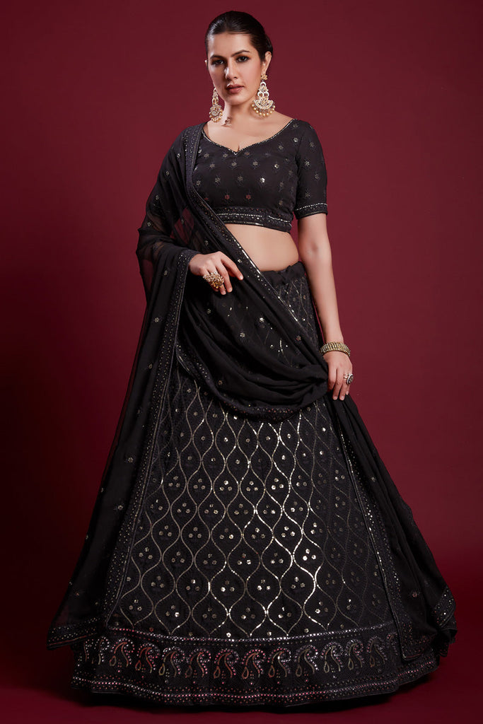 Regal Black Georgette Lehenga With Intricate Embroidered  and Zarkan Work Clothsvilla