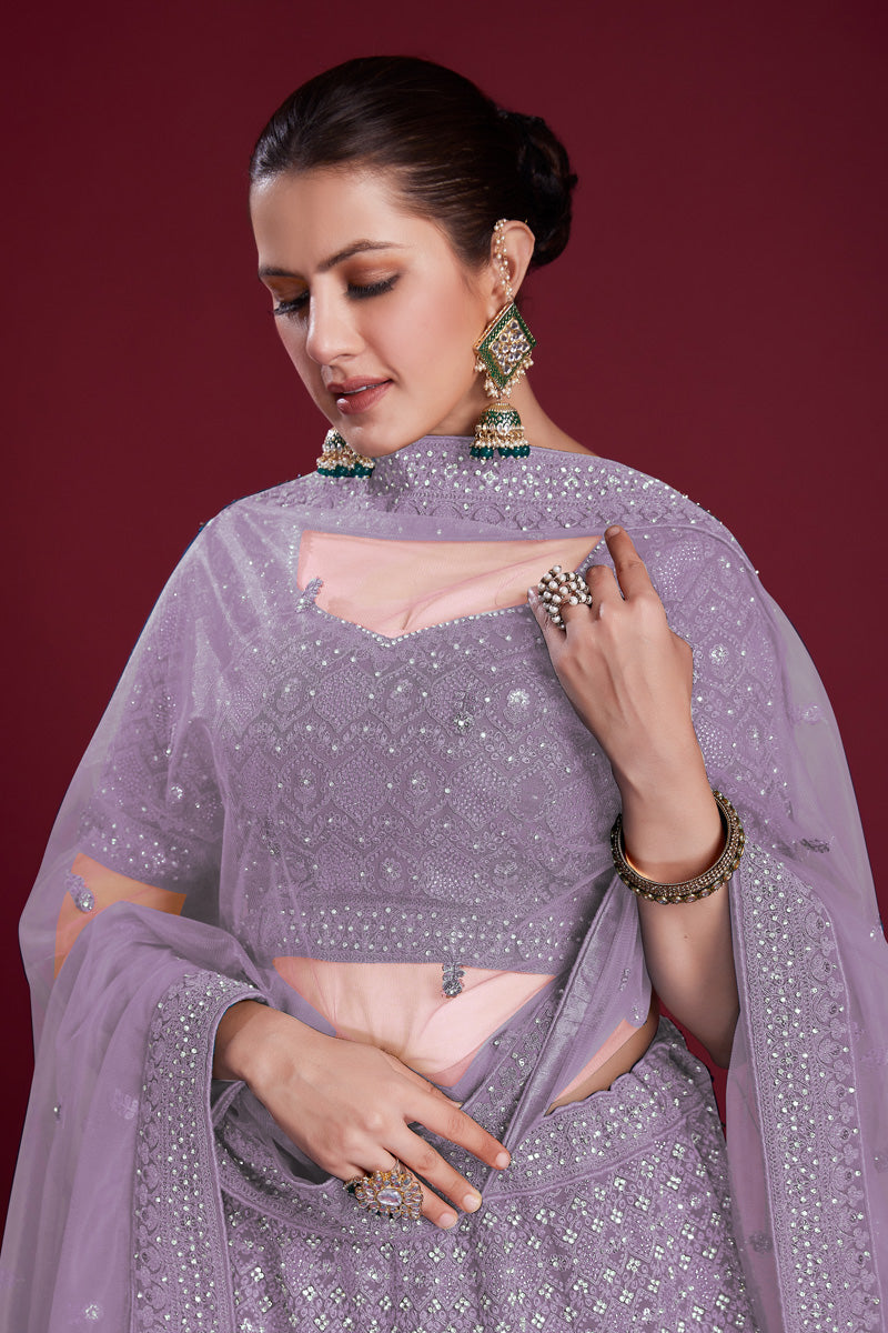 Ravishing Lavender Color Georgette Lehenga With Exquisite Embroidered for Wedding Clothsvilla