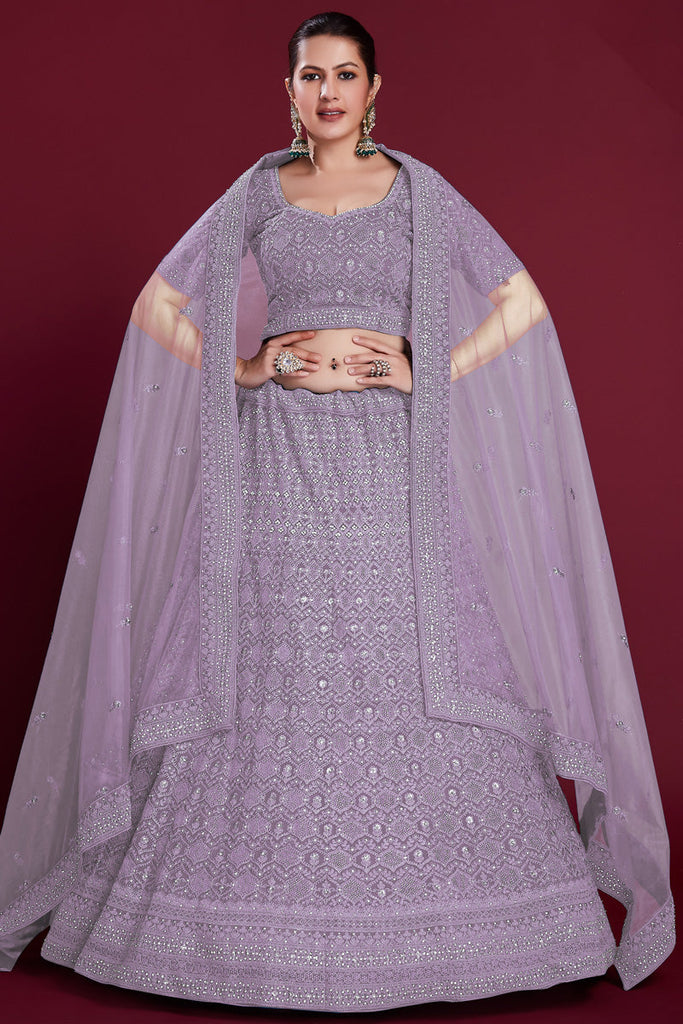 Ravishing Lavender Color Georgette Lehenga With Exquisite Embroidered for Wedding Clothsvilla