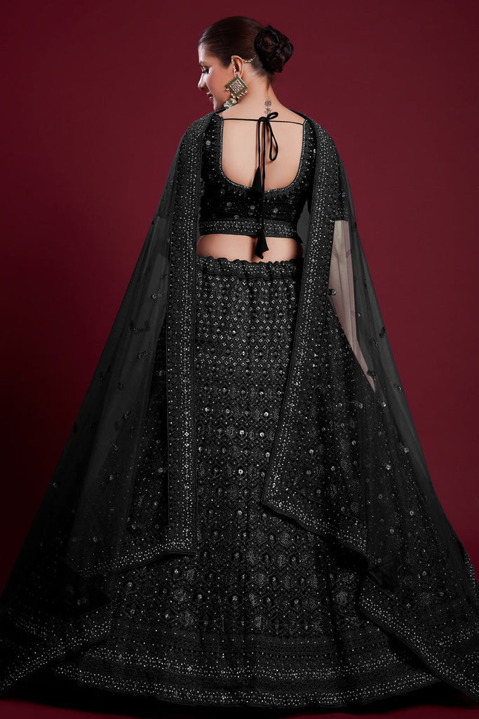Gorgeous Black Georgette Lehenga With Zarkan Work and Embroiderred Clothsvilla