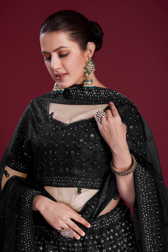 Gorgeous Black Georgette Lehenga With Zarkan Work and Embroiderred Clothsvilla