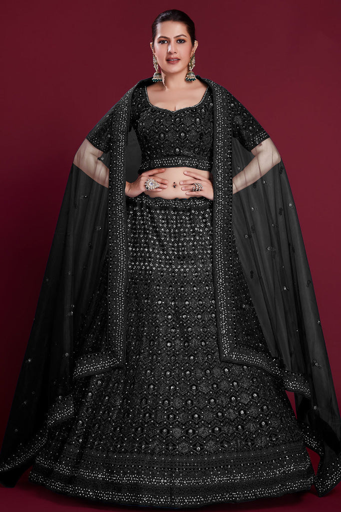 Gorgeous Black Georgette Lehenga With Zarkan Work and Embroiderred Clothsvilla