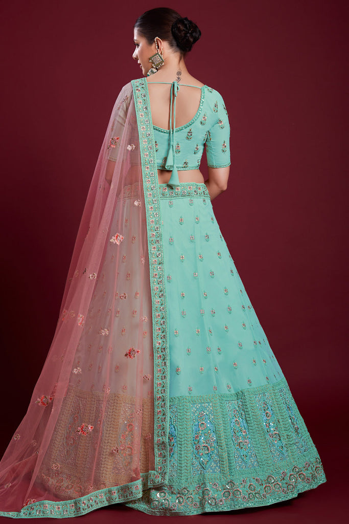 Stunning Cyan Color Georgette Lehenga With Zarkan Embellishments for Wedding Clothsvilla