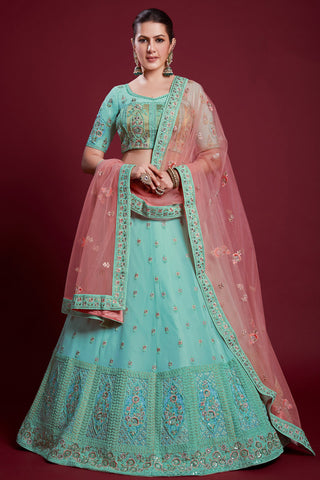 Stunning Cyan Color Georgette Lehenga With Zarkan Embellishments for Wedding Clothsvilla