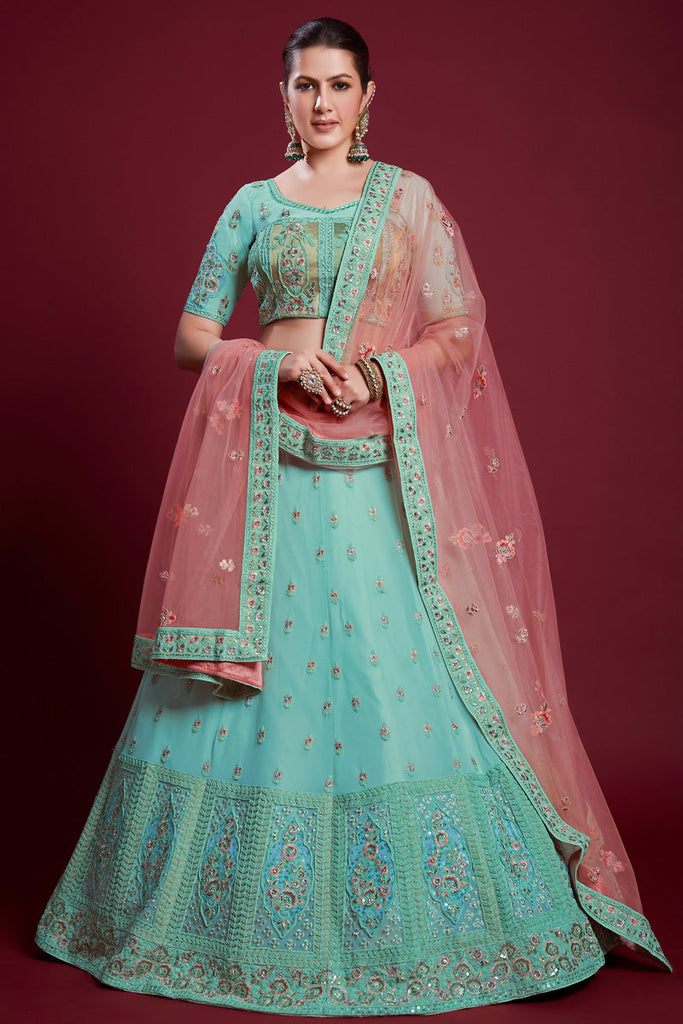 Stunning Cyan Color Georgette Lehenga With Zarkan Embellishments for Wedding Clothsvilla