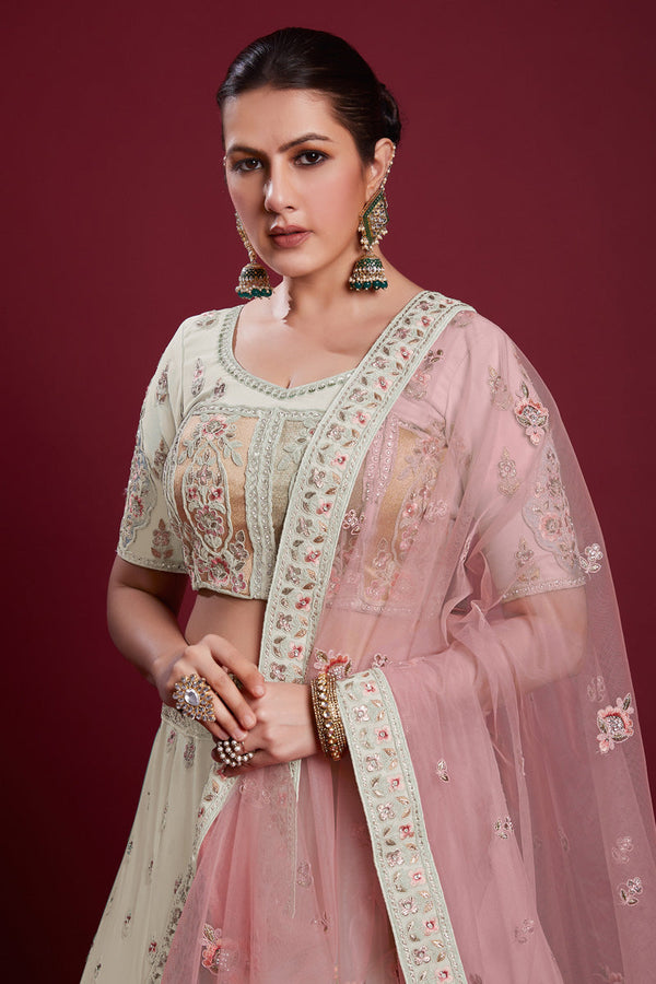 Luxurious Off White Georgette Lehenga With Fine Embroiderred for Special Occasions Clothsvilla