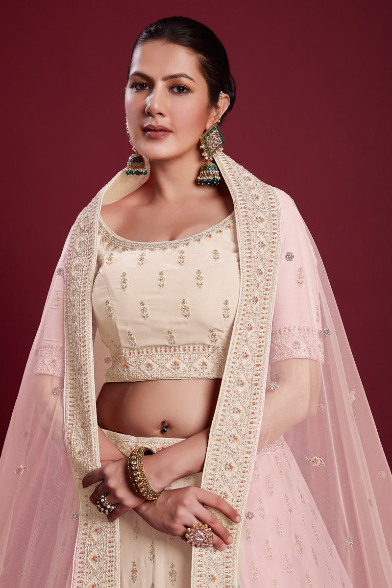 Elegant Georgette Off White Lehenga With Embroidered  for Traditional Events Clothsvilla