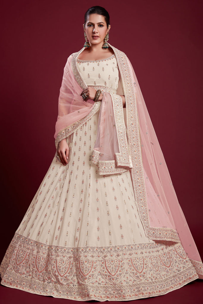 Elegant Georgette Off White Lehenga With Embroidered  for Traditional Events Clothsvilla