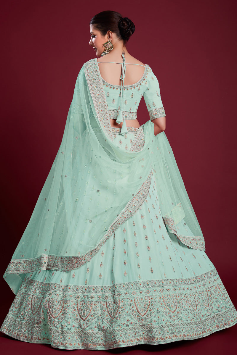 Glamorous Light Cyan Color Georgette Embroidered Lehenga Fo Wedding Functions Clothsvilla