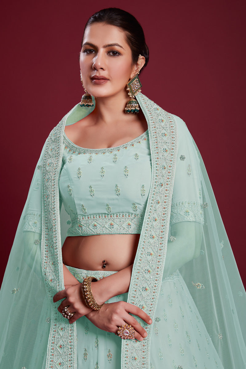 Glamorous Light Cyan Color Georgette Embroidered Lehenga Fo Wedding Functions Clothsvilla