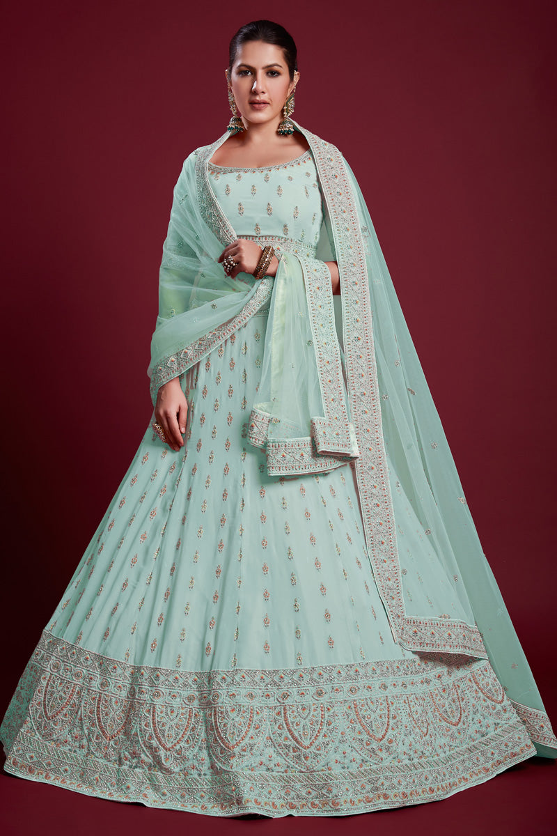 Glamorous Light Cyan Color Georgette Embroidered Lehenga Fo Wedding Functions Clothsvilla Main image