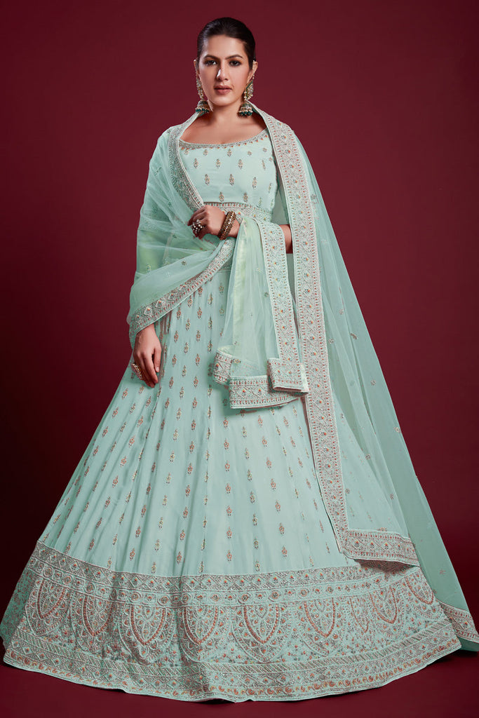 Glamorous Light Cyan Color Georgette Embroidered Lehenga Fo Wedding Functions Clothsvilla
