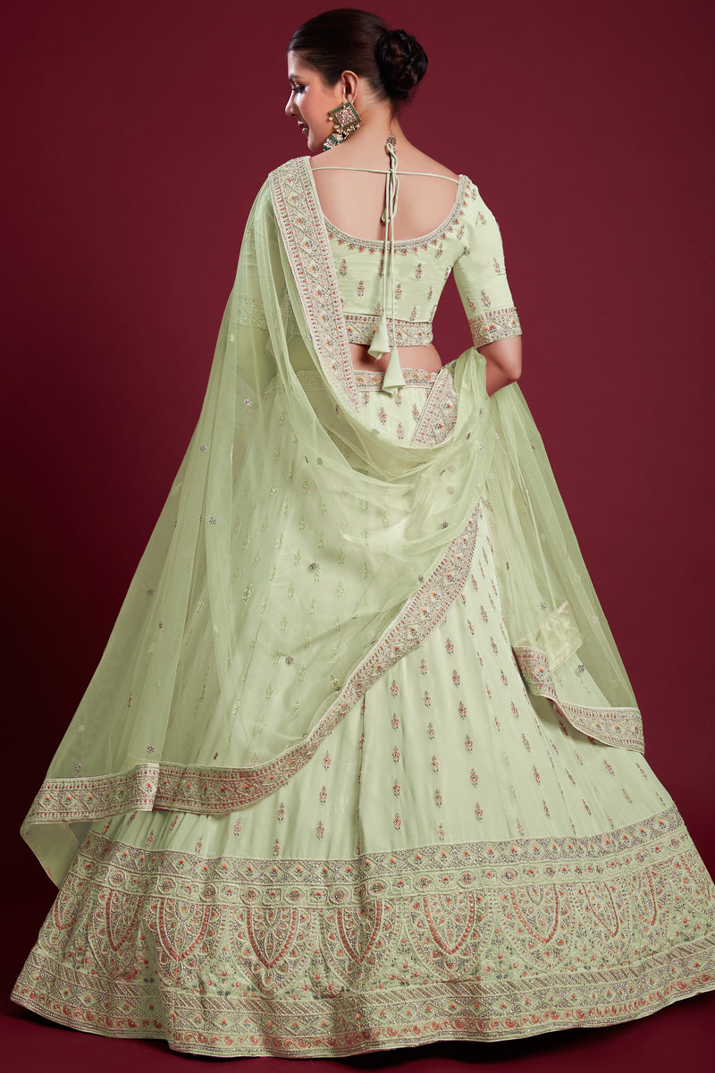 Majestic Sea Green Georgette Lehenga With Fine Thread Work and Zarkan Work Clothsvilla
